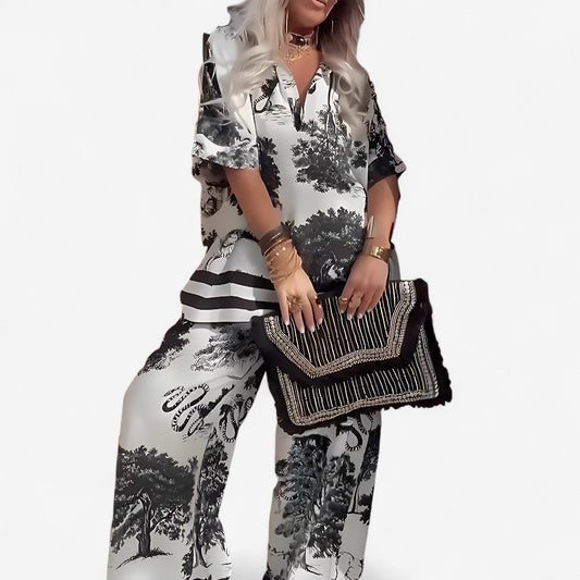 Eleganter und leichter V-Ausschnitt-Top mit langen Hosen für den Sommer